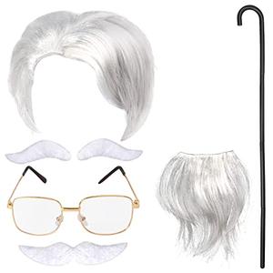Keymall Old Man Wig And Mustache Set Grandpa Costume Accessories Kit With Grey Wig Fake Beard Eyebrows Cane Glasses for Men Adults teens (Silver wig set)