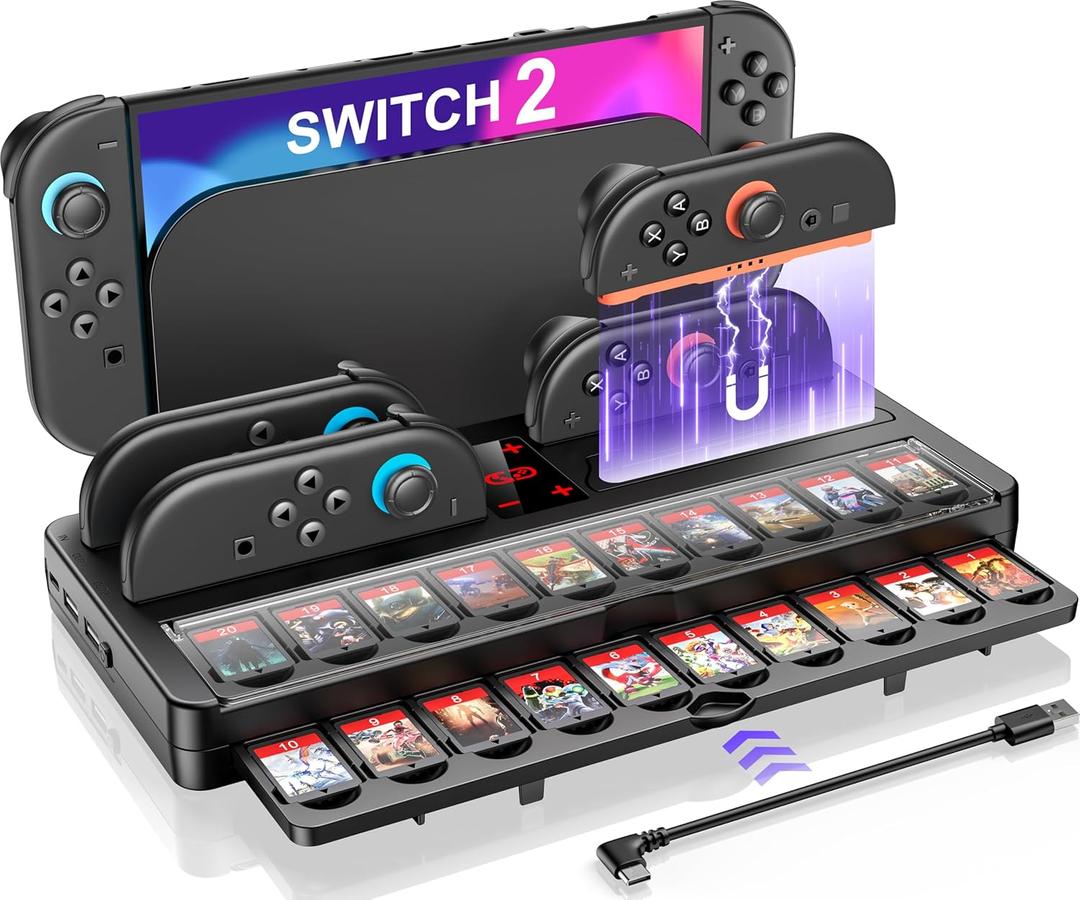 Switch 2 Game Organizer & Charging Station  Charges 4 Joy Cons & Stores 20 Game Cards | Joy-Cons Controller Charging Dock with Sync USB | Compatible Only with Nintendo Switch 2 (2025)