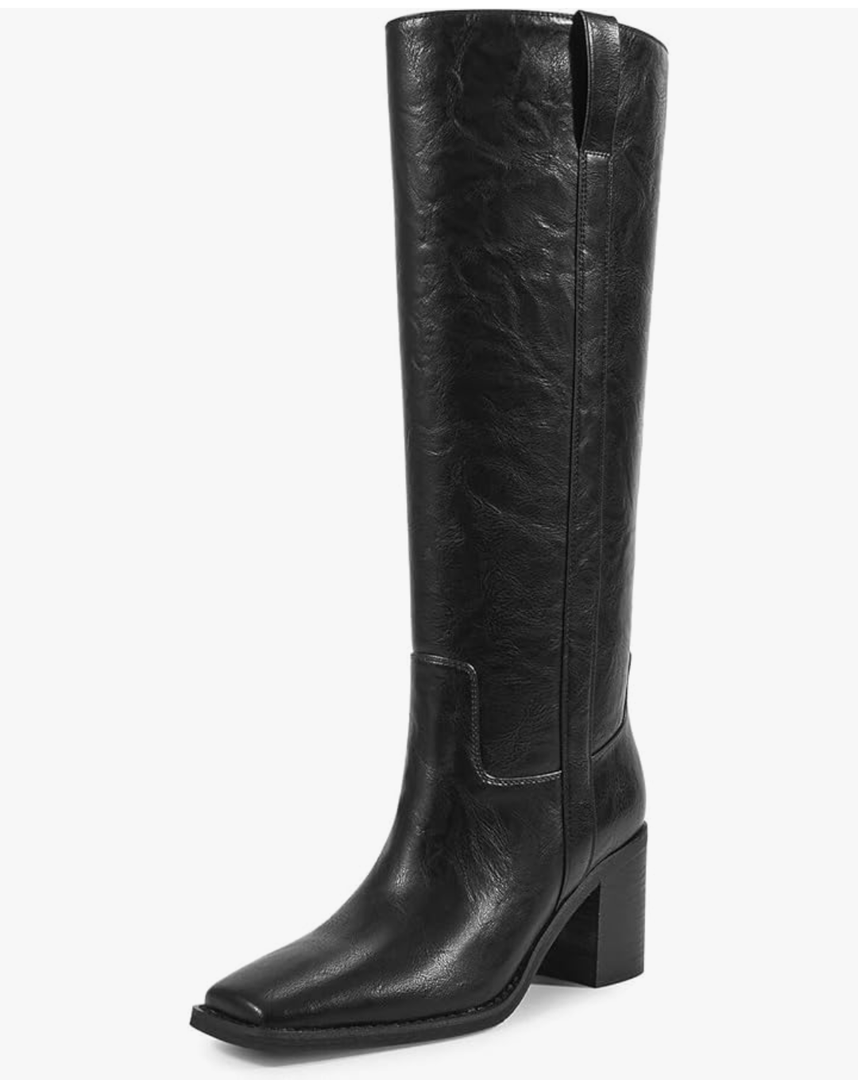 ISNOM Knee High Boots for Women, Chunky Boots with Square Toe, Mid Heel, Pull On Tall Riding Boots for Work Date Dress Party Club Shoes 8