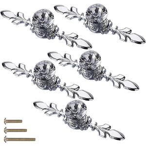5 Pack Large Sized Enlarged Diamond Clear Crystal Glass Decorative Knobs with Plate,Cabinet Cupboard Door Pulls Handles with Screws for Kitchen Office Decoration (5 Pack, Large, Silver)