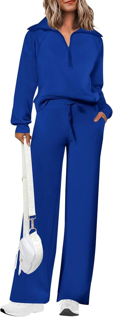 PRETTYGARDEN Women's 2 Piece Outfits Casual Lapel Half Zip Sweatshirts and Wide Leg Pants Tracksuit Sets (Blue, S)