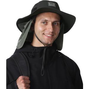 Sun Hat with Removable Neck Flap, UPF 50+ Breathable Lightweight Fishing Hat, Quick-Drying Safari Hat for Garden Hiking (One Size-Medium, Black)