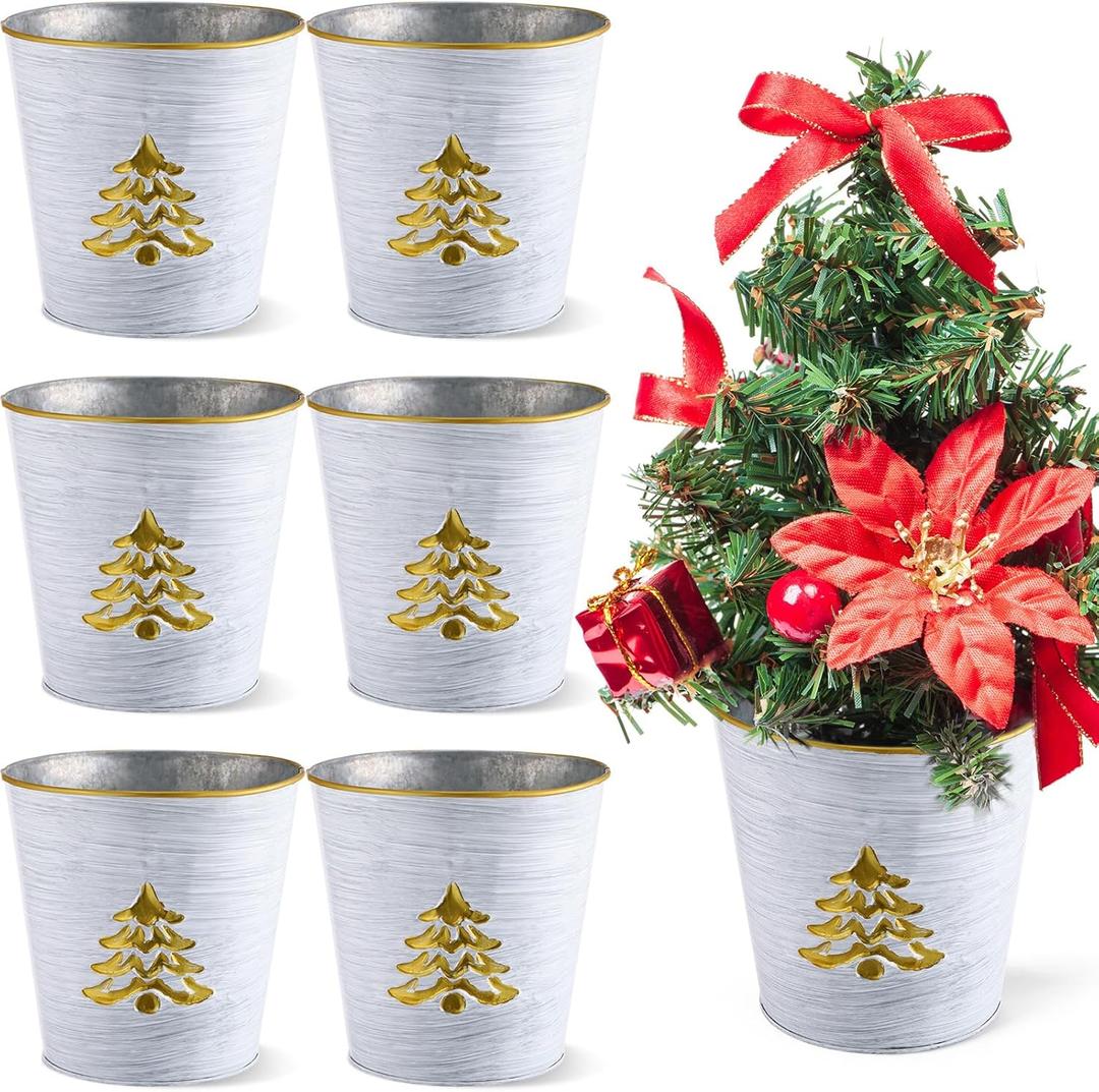 Zhehao 6 Pcs Christmas Galvanized Bucket 5.9'' Metal Basket Bucket Planters Pot Decorative Tin Farmhouse Vintage Flower Holder Decor for Xmas Home Outdoor Indoor(Tree Style)