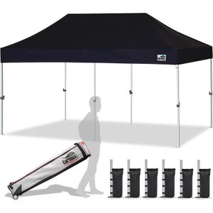 Eurmax USA 10x20ft Pop Up Canopy, Commercial Instant Tent for Outdoor Events, Patented No-Tip Rolling Storage Bag with 6 Sandbags,UV & Water Resistant,Heavy Duty Portable Shelter Gazebo,Black