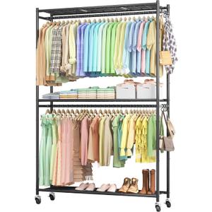 Sakugi Clothes Rack - 45.2" x 12.2" x 79.5" Clothing Rack with Shelves & Wheels, Multi-Functional Wardrobe Closet with Hooks, Sturdy Metal Garment Rack for Bedroom, Laundry, Balcony (Black), X-Large