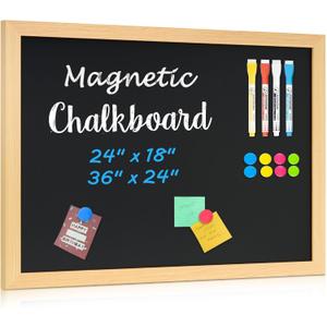 4 THOUGHT 24" x 18" Magnetic Chalkboard for Wall, Natural Wood Grain Frame | Blackboard Sign Board, Menu Board for Kitchen Home Office School, Includes 4 Markers & 8 Magnets