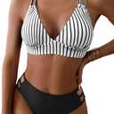 Fanuerg Women's Sexy V Neck Bikini Sets Hollow Out Two Piece Swimsuits Cutout Mid Waist Bathing Suit (Large, Black and Stripe)