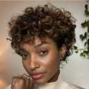 Short Curly Human Hair Wigs For Black Women Glueless Afro Natural Curly Wig Brazilian Virgin 4/27 Color Pixie Cut Wig With Bangs 150% Density Highlight Ombre Blonde Wigs (Natural Curly)