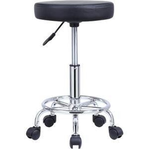 KKTONER PU Leather Round Rolling Stool with Foot Rest Swivel Height Adjustment Spa Drafting Salon Tattoo Work Office Massage Stools Task Chair Cushion 14 inches (Black), 14 Inches X 18.7-24.4 Inches