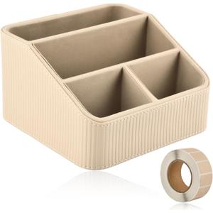 Remote Control Holder, Small Nightstand Organizer with 4 Compartments, PU Leather Desk Caddy, Multifunctional Bedside Desktop Organizers with Label Stickers(COLOR:Beige)