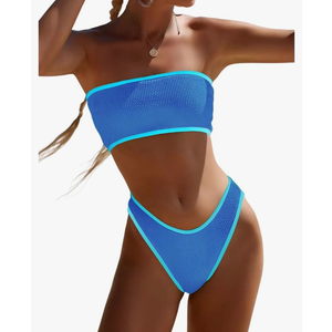 YIMISAN Women's Two Piece Bandeau Swimsuit Ribbed Strapless Tube Bikini Top with Mid Waist Cheeky Bottom Bathing Suit S