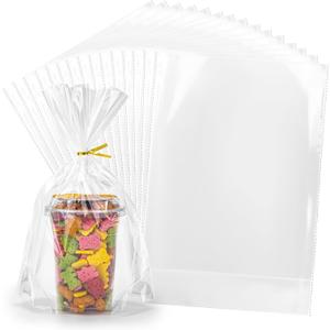 100Pcs Flat Bottom Cellophane Bags, 9.8x14x 3.8" Clear Goodie Baggies with Twist Ties for Party Favor Packaging, Cookie, Popcorn, Candy, Mug Wrapping