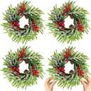 4 Pcs Christmas Wreath 10 Inch Green Artificial Wreaths Red Berry Pinecones Wreaths for Front Door Cabinets Wreath Indoor Outdoor Wall Decor Christmas Wall Home Decoration