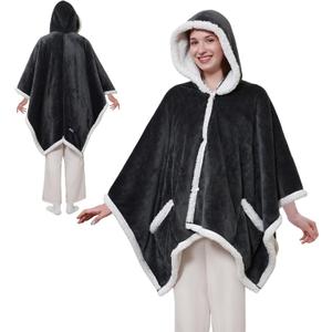 Sealy Heated Throw Wearable Shawl Wrap with Pockets, Reversible Flannel to Sherpa Electric Blanket Hoodie Poncho with 6 Heating Levels & 2-10 Hours Time Settings, 50 X 60 Inch, Charcoal