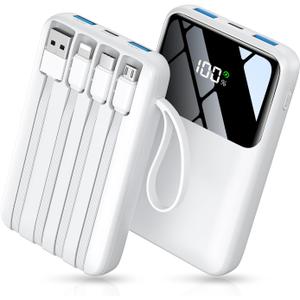 Power Bank, 15000mAh Portable Charger with Built in Cable, 22.5W Fast Charging, 6 Outputs, Slim Travel Essential Battery Pack with LED Display, Compatible with iPhone 17/16/15/14/13, iPad White