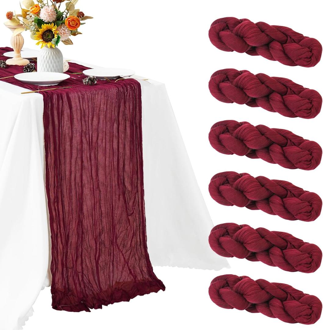 6 Pcs Burgundy Cheesecloth Table Runner, 10ft Cheese Cloth Table Runners for Christmas Birthday Wedding Party Baby Shower Valentine's Day Table Decoration (Wine Red)