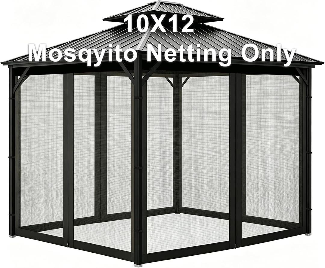 Gazebo Universal Replacement Mosquito Netting for Patio Outdoor 10x12 Mesh Screen Curtains 4-Panel Sidewall Canopy Net with Zipper for Pergola Gazebo Screen Panels, Black