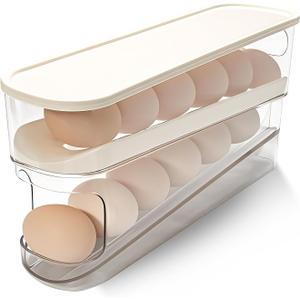 Rolling Egg Holder for Fridge, Egg Dispenser for Refrigerator, Automatic Rolling Storage Container for Countertop, Kitchen & Outdoor Use (3.35"x3.74"x11.02") 1 Pack (Cream white)