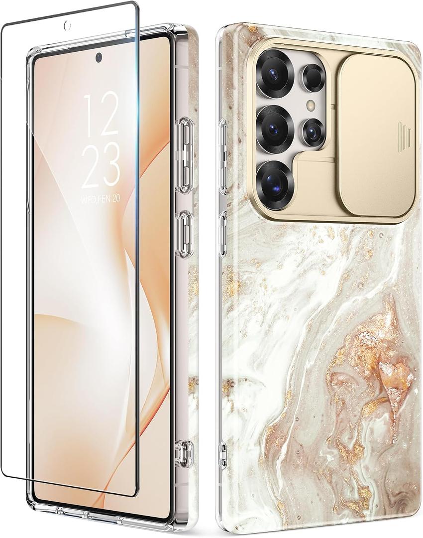 GVIEWIN for Samsung Galaxy S25 Ultra Case with Slide Camera Cover, [Screen Protector] [Shockproof Military Grade Drop Protection] Marble Slim Fit Hard PC Phone Cover S25 Ultra 6.9" 2025 (Pearlescent)