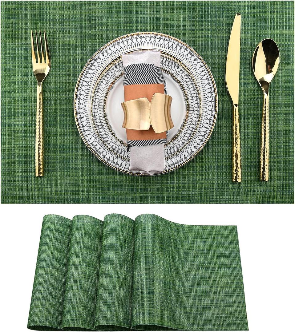 SLKQG Green Christmas Placemats Set of 4 - Wipe Clean Vinyl Placemats - Washable Heat Resistant PVC Placemats for Dining Table - 17x12 Inch (Green, 4)