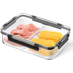 Deli Meat Container for Fridge Organizers and Storage, Ham and Cheese Container for Fridge, 11 Inches Long Lunch Meat Container for Refrigerator, 2 Compartment Snack Containers with Clear Lid