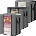 punemi 120L Blanket Storage Bags, Foldable Clothes Storage Organizer with Zipper, Reinforced Handle & Clear windows, Large Storage Bags for Blanket, Comforter, Bedding, Pillow, Clothes, 3Pack, Gray