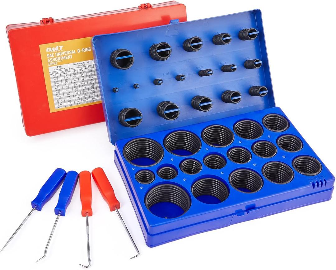 Orion Motor Tech 826pc Universal O Ring Assortment Kit Nitrile Rubber O Rings in 32 SAE & Metric Sizes for Automotive & Plumbing Repairs (Red & Blue Case)