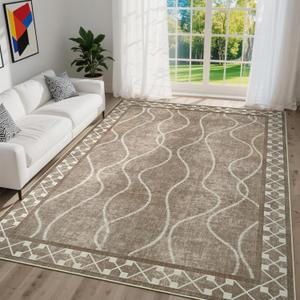 DweIke 4x6 Area Rugs for Living Room, Machine Washable Bordered Rug for Bedroom, Luxury Rubber Backing (Non-Slip) Low Pile Throw Carpet for Dining Room Kitchen Home Decor, Brown