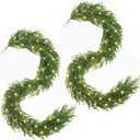 2 Pcs Prelit Christmas Norfolk Pine Garland with Lights, 6FT Battery Operated Real Touch Artificial Green Garlands for Table, Mantle, Stairs, Fireplace, Indoor & Outdoor Xmas Decorations