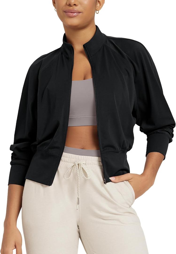 ODODOS Women's Full Zip Workout Jacket Cloud Feeling Stand Collar Long Sleeve Lightweight Athletic Yoga Tops (Black, S)
