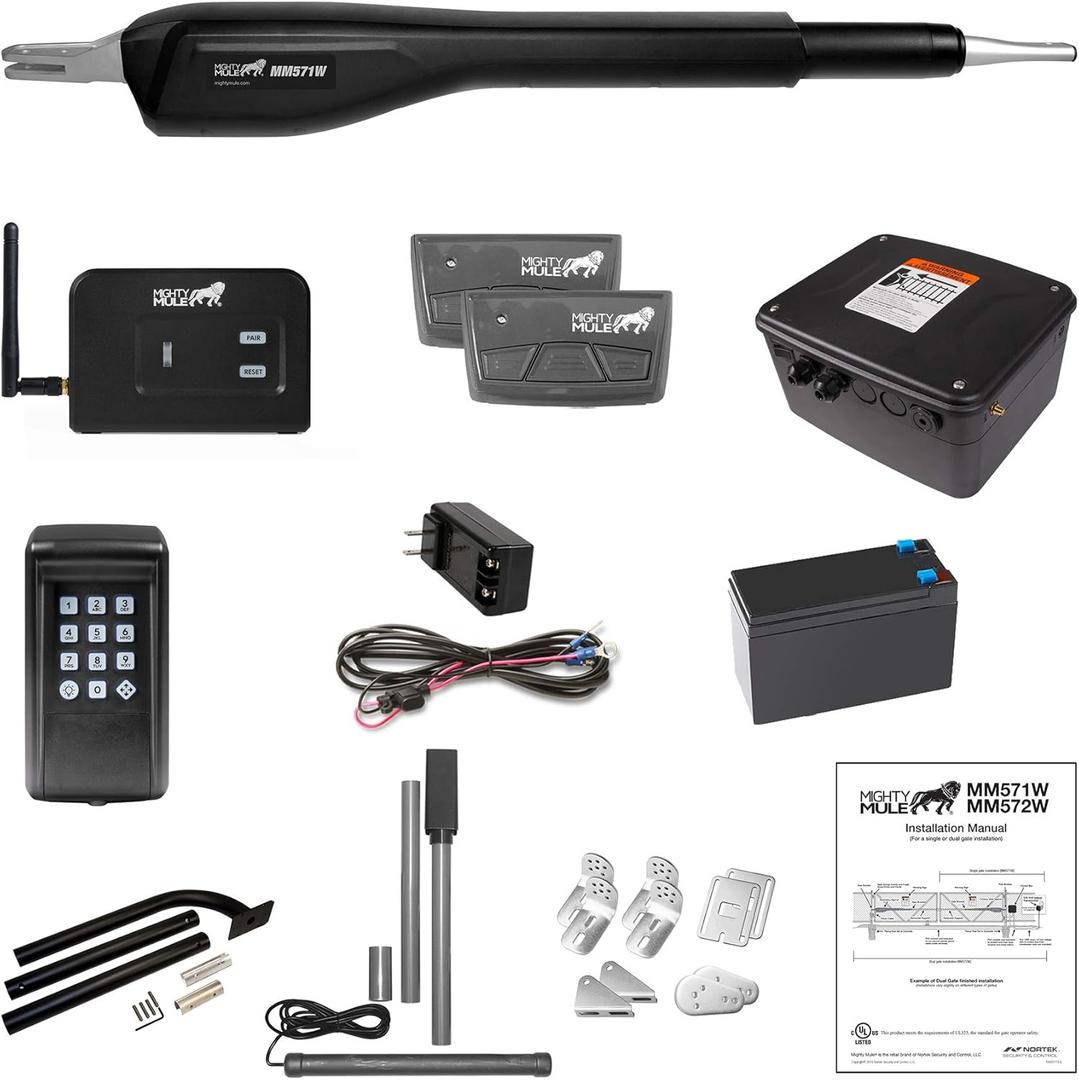 Mighty Mule MM571W-EST Heavy Duty Automatic Package Swing, Smart Bridge, Driveway Sensor, and More, Single Gate Opener, Estate, Black