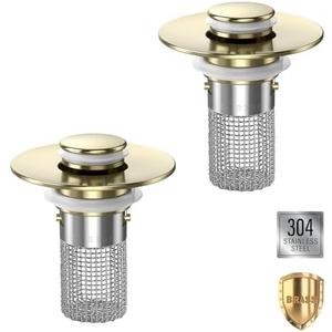 Sink Stopper Hair Catcher(2PCS), Pop-up Sink Drain Strainer with Removable Stainless Steel Strainer Basket Hair Catcher, Bathroom Sink Strainer for Bathroom Sink Stopper Replacement(Brushed Gold-2PCS)