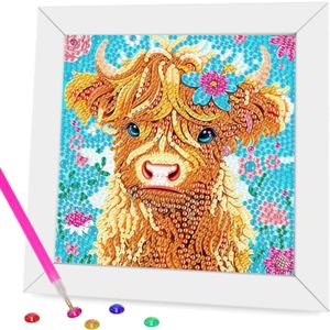 Meothan 5D Diamond Art Kits for Kids, DIY Easy Cute Cow Baby Diamond Painting Kits for Kids, Full Drill Big Gem Art by Number Dots for Childrens Ages 6-7-8-9-10-12, Home Decor 7x7 in (with Frame)