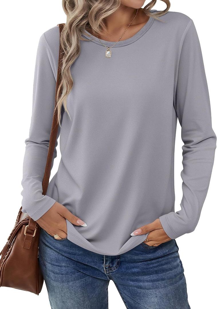 ANRABESS Long Sleeve Shirts for Women Casual Crewneck Basic Tee Tshirts Loose Fit Curved Hem Tunic Top 2026 Fall Outfits Sliver Gray Large (Gray, L)