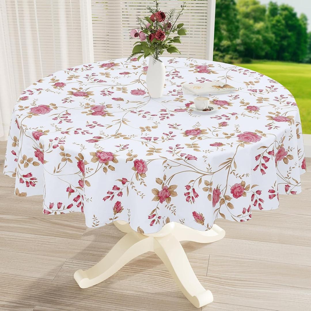 misaya Round Waterproof Vinyl Table Cloth, Plastic Tablecloth with Flannel Backing, Wipeable Table Cover for Dinner, Picnic, Indoor and Outdoor (Pink Flowers, 60")
