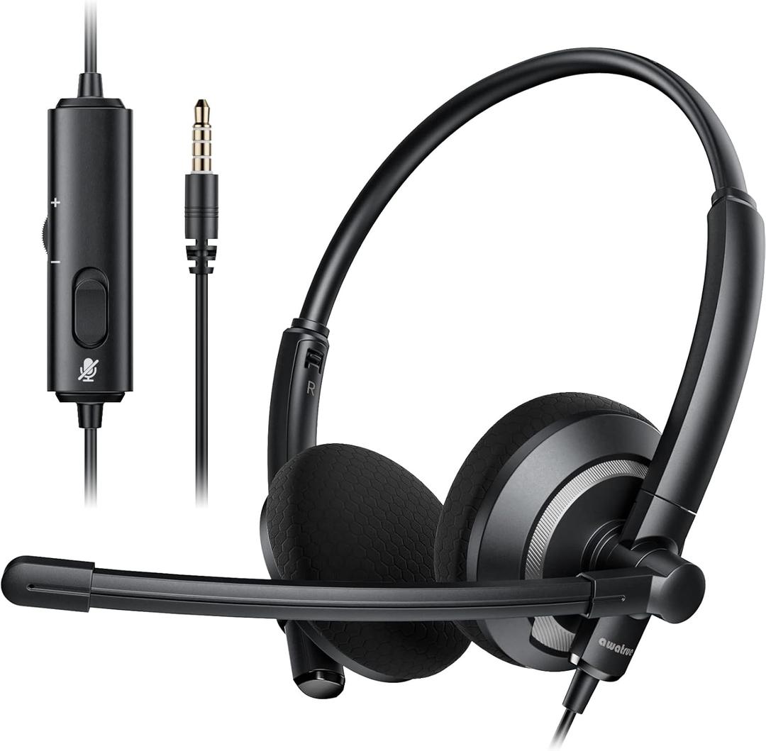awatrue Wired Headset with Microphone for PC Laptop - 3.5mm Jack On Ear Headphones with Noise Cancelling Microphone for Boom Skype Webinars, in-line Control,Comfortable (Black)