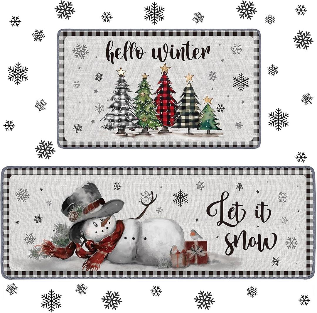 2 Pieces Hello Winter Snowman Kitchen Rugs Set Snowflake Kitchen Mat Let It Snow Rug for Christmas Winter Home Holiday Decor 17x29 and 17x47 Inch(Red)