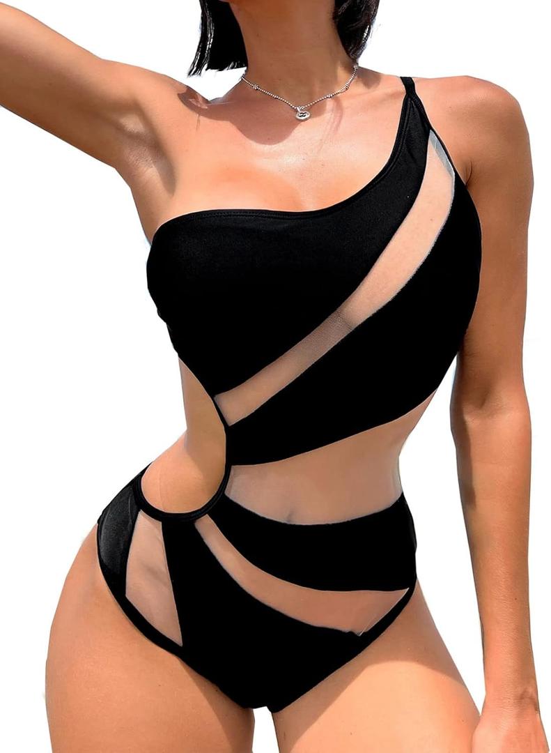 Swmmer Liket Women's Sexy One Piece Bathing Suits One Shoulder Black Swimsuits Monokini Slimming Mesh Swimwear