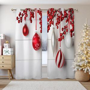 Renaiss Christmas Blackout Curtains Red Christmas Ornament Balls and Winter Friut Gray Wood Bedroom Curtains Thermal Insulated Window Drapes for Living Room 53Wx84L inches Set of 2 Panels
