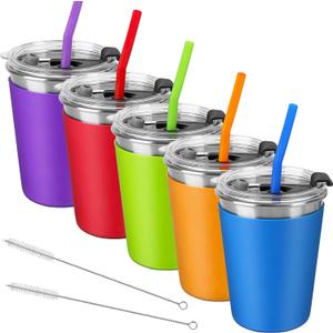 Kids Cups with Lids and Straws, 12oz Kids Tumblers with Straws and Lids Spill Proof Cups for Kid Stainless Steel Sippy Cup for School, Outdoor, 5 Pack (Blue, Green, Orange, Purple, Red)