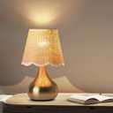 Small Table Lamp - Brass Gold Mini Table Lamps for Bedroom Vintage Decor Bedside Lamps for Night Stands Scalloped Rattan Shade Desk Lamp for Kids Room, Living Room, College Dorm, Home, Kitchen
