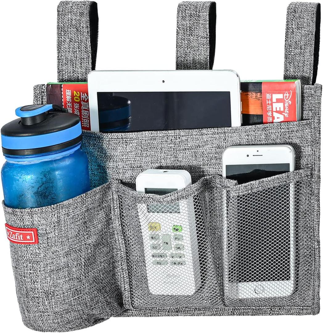 Linen Bedside Caddy, Bedside Storage Organizer for Hospital Beds, College Dorm Rooms or Baby Bed (4 Pockets-Grey)