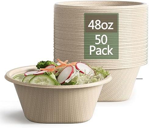 Homestockplus Large Disposable Bowl - Heavy Duty Paper Bowls - Made from Sugarcane and Bamboo Fiber, Microwave Safe - 48 Oz Paper Bowls for Soup, Salad, Ramen, Popcorn, etc.[40/Pack]