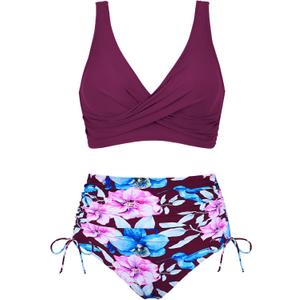 Women's High Waisted Bikini Sets V Neck Twist Front Ruched Bathing Suit Padded Lace Up Back Two Piece Swimsuit (L)