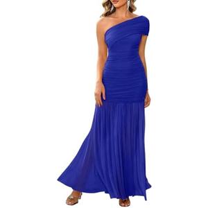 LAGSHIAN Women's Elegant Formal Long Dress One Shoulder Sleeveless Ruched Bodycon Evening Dress, Blue, M