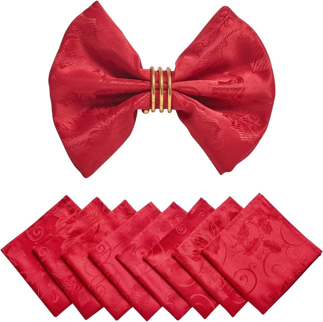 Cloth Napkins Set of 8  Square Jacquard Floral Flowers Fabric Polyester Washable Reusable for Kitchen Dinner Dining Restaurants Wedding Party Banquet Table(Dark Red/17x17 Inch)