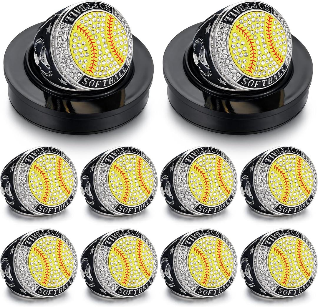 Highergo 10pcs Football Soccer Volleyball Baseball MVP Golf Championship Trophy Ring with Display Chain Stand Softball Basketball Cheerleading Bowling Track Field for Award Gift (Silver)