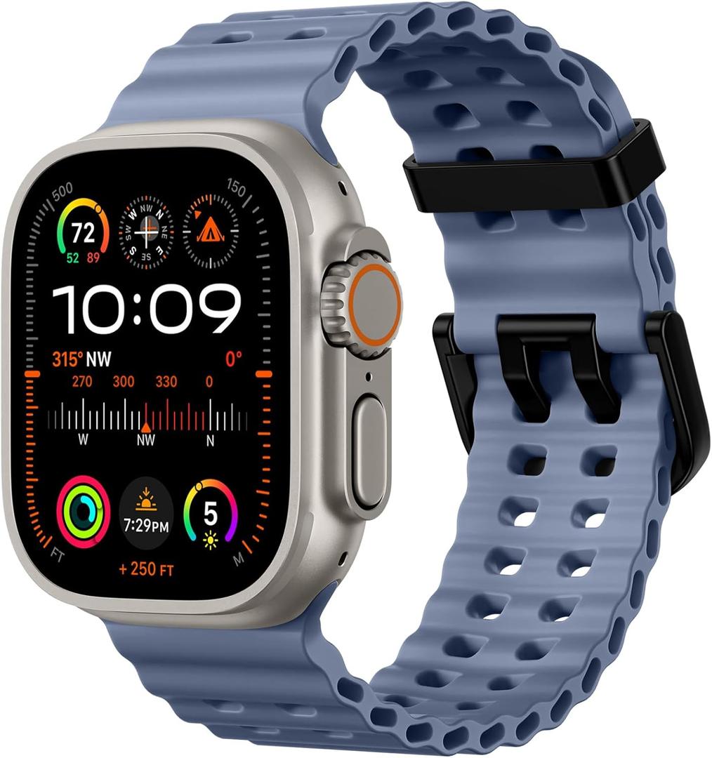 Odbeai Ocean Sport band Compatible with Apple Watch Ultra 2 3/Ultra Band for Men 49mm 46mm 45mm 44mm 42mm,Soft Silicone Breathable Waterproof Outdoors for iWatch Series 11 10 9 8-1 SE Blue Grey Men