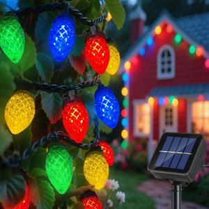 ITICdecor Solar String Christmas Lights C7 31ft 50 LED Colourful Strawberry Hanging Lights Outdoor Waterproof Green Wire Fairy Light Decoration for Garden Patio Yard Camping Party Gifts for Dad Mom (Multicolor)