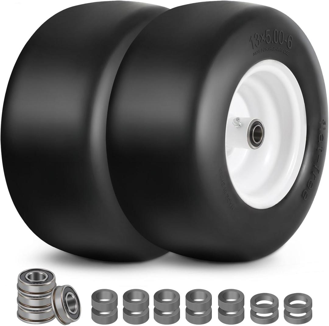 13x5.00-6 Flat Free Tire and Wheel with 3/4" & 5/8" Bearing, 13x5.00-6 Lawn Mower Tires for Zero Turn Mower, Riding Lawn Mower for Commercial Grade Lawn, Garden, 3"-5.65" Centered Hub (2 Pack)
